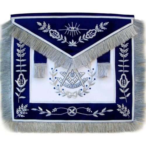 Past Master Blue Lodge Apron - Hand Embroidered Vinework & Silver Fringe Tassels