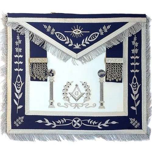 Master Mason Blue Lodge Apron - Navy Blue with Pillars Silver Hand Embroidery