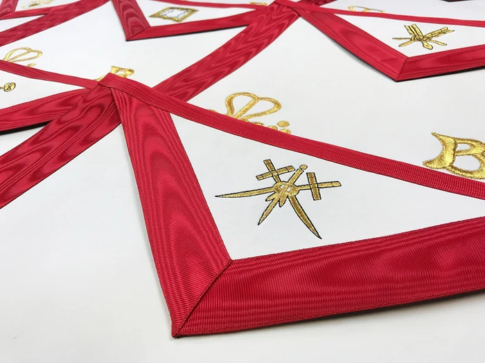 Officers Scottish Rite Officer Apron Set - Royal Red Moire Ribbon Machine Embroidery