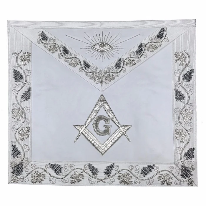 Master Mason Blue Lodge Apron - White Moire Ribbon with Silver Hand Embroidery