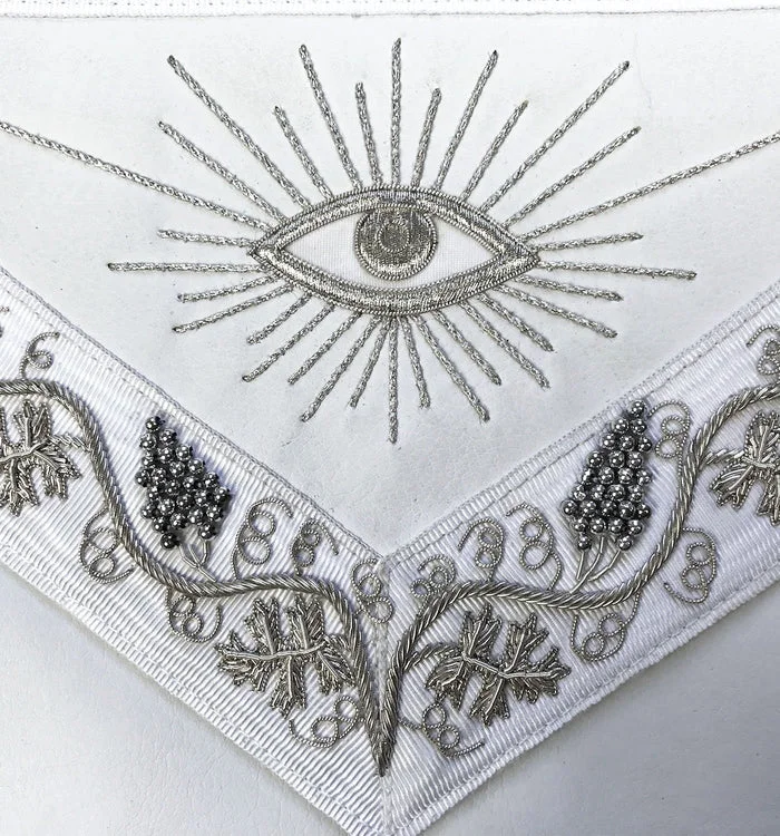 Master Mason Blue Lodge Apron - White Moire Ribbon with Silver Hand Embroidery