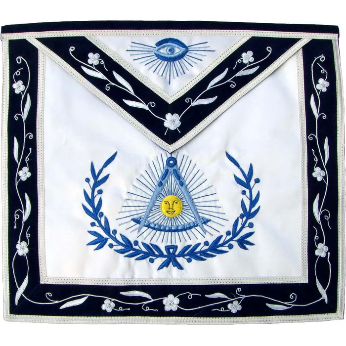 Past Master Blue Lodge Apron - Navy Blue Velvet Ribbon With Silver Braid
