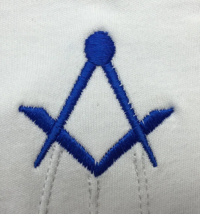 Master Mason Blue Lodge Gloves - White Cotton with Royal Blue Thin Square & Compass Logo