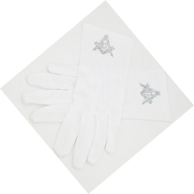 Master Mason Blue Lodge Gloves - Polyester with Square and Compass G Rhinestone