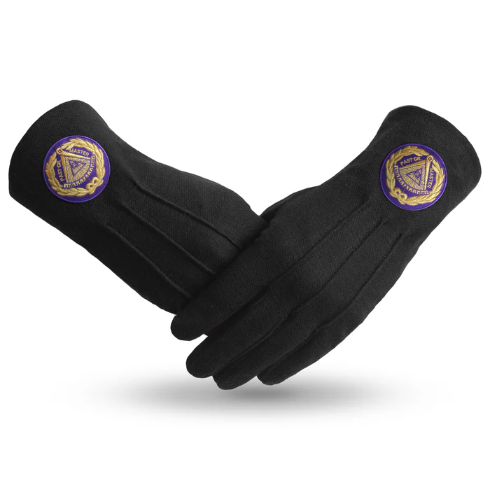 Past Grand Master Blue Lodge Gloves - Pure Black Cotton with Purple Patch
