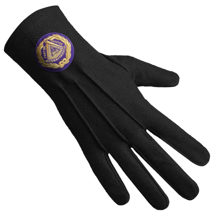 Past Grand Master Blue Lodge Gloves - Pure Black Cotton with Purple Patch