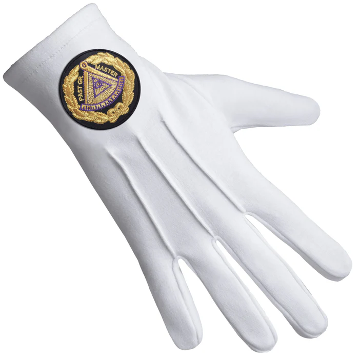 Past Grand Master Blue Lodge Gloves - Machine Embroidery Cotton with Black Patch Front