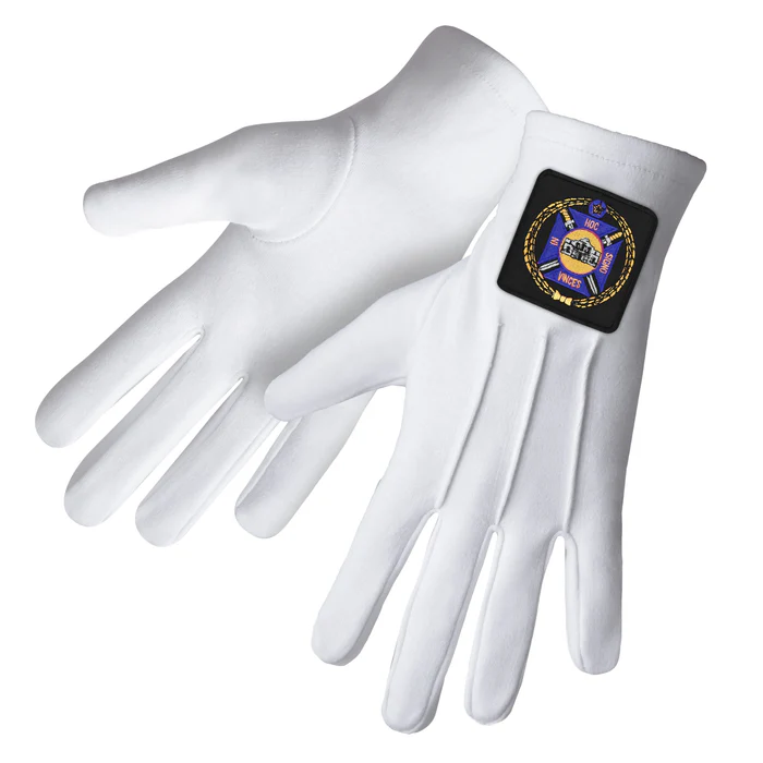 Knights Templar Commandery Gloves - White Cotton with Black Patch Front and Back