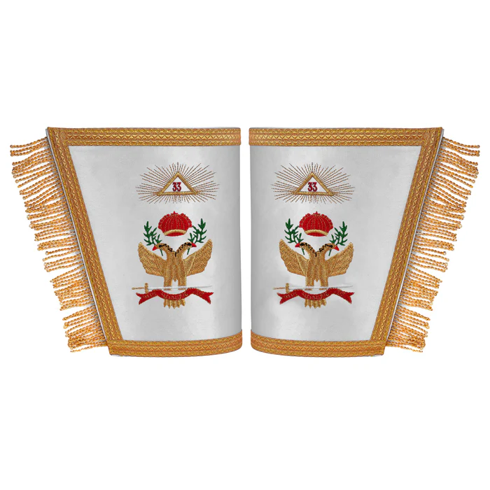 33rd Degree Scottish Rite Cuff - White Silk with Machine Embroidery Bullion