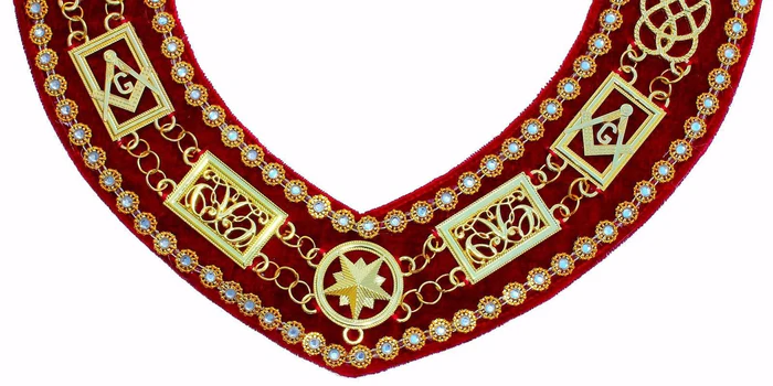 Grand Officers Blue Lodge Chain Collar - Gold Plated with Rhinestones on Red Velvet