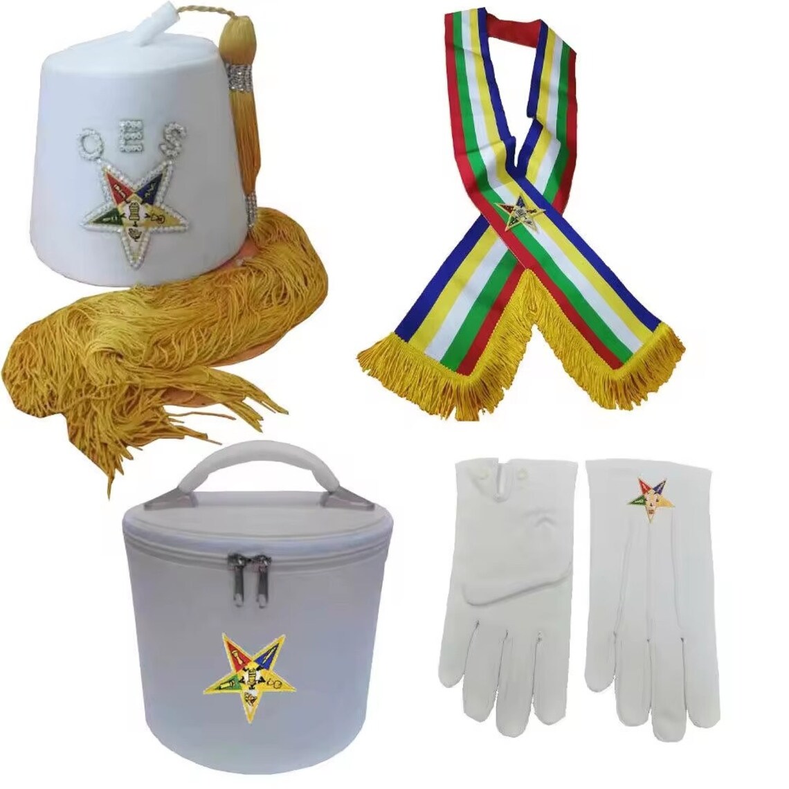 Masonic OES Fez Set - Pure White with Rhinestones
